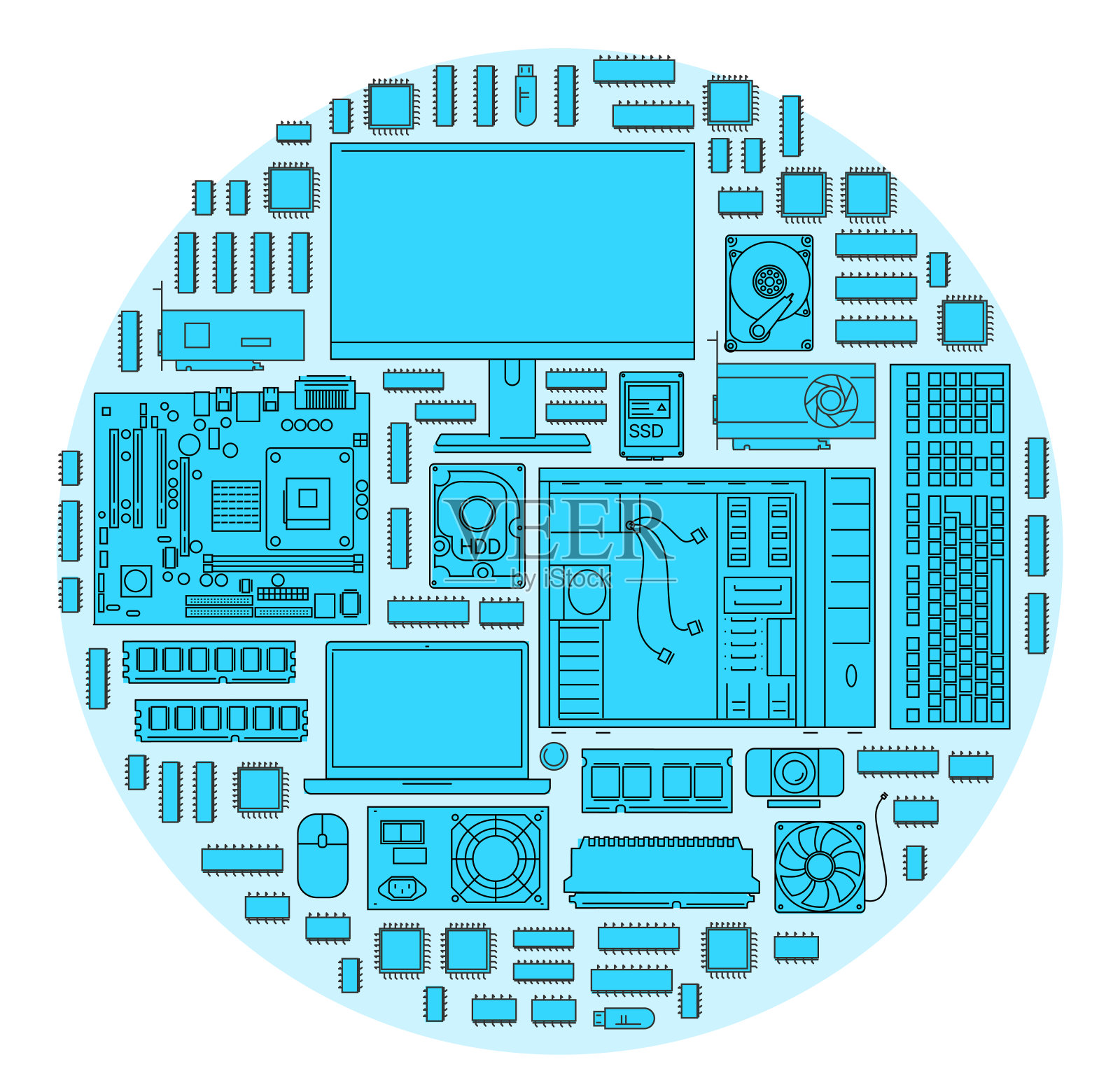 蓝色的电脑组件插画图片素材