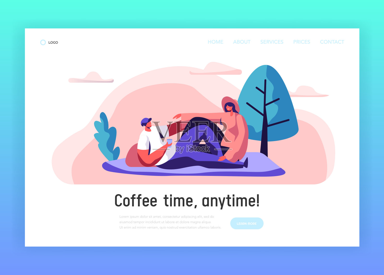 户外野餐登陆页面上的情侣。男人和女人躺在城市公园的毯子上。快乐配对休息夏季休闲网站或网页设计。平面卡通矢量插图插画图片素材