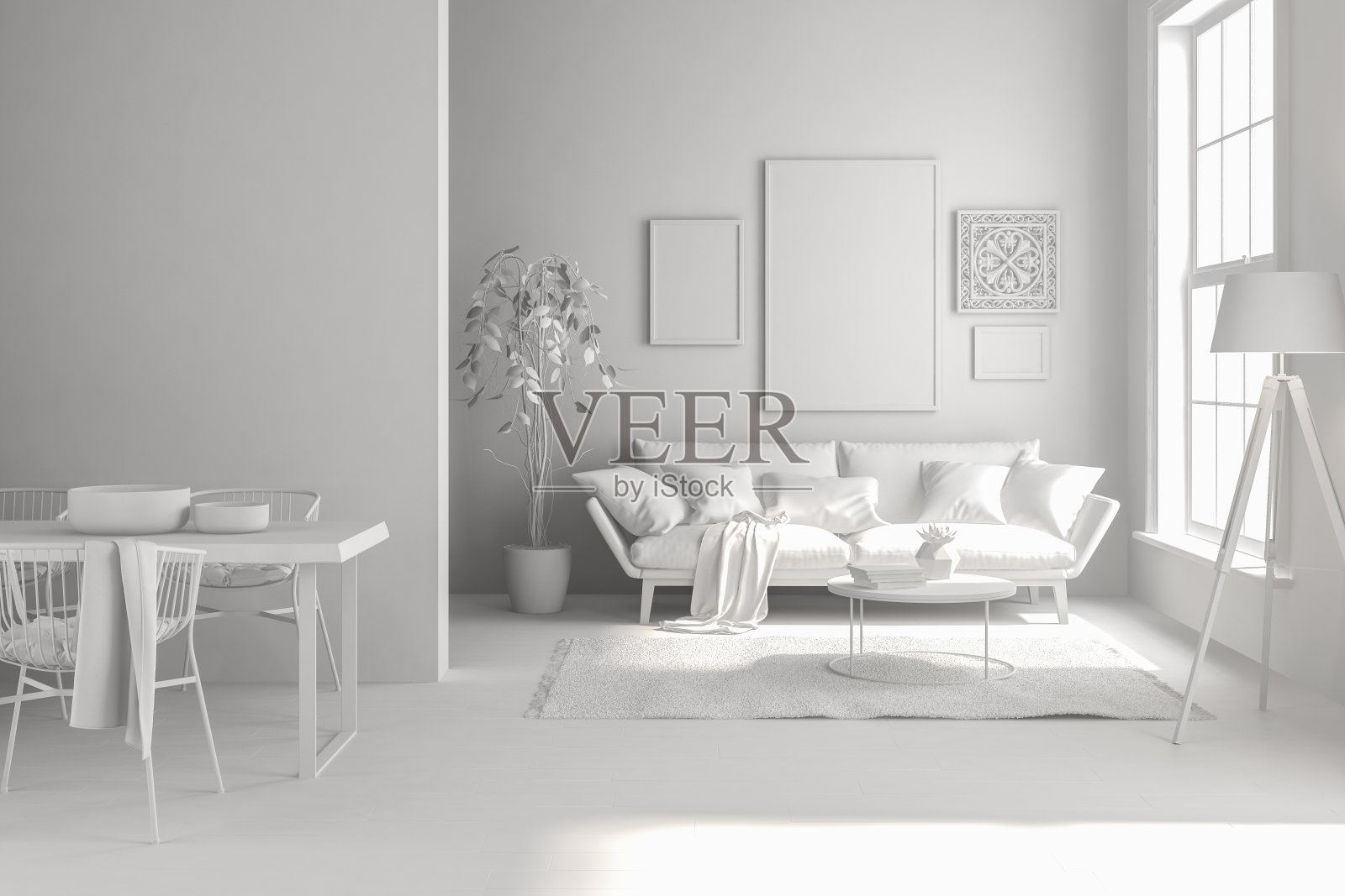 现代客厅内饰,沙发和家具3D效果图照片摄影图片