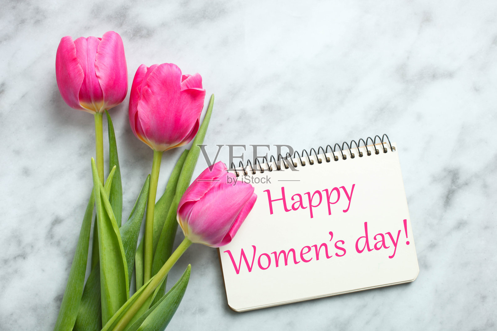 粉色郁金香和笔记本照片摄影图片