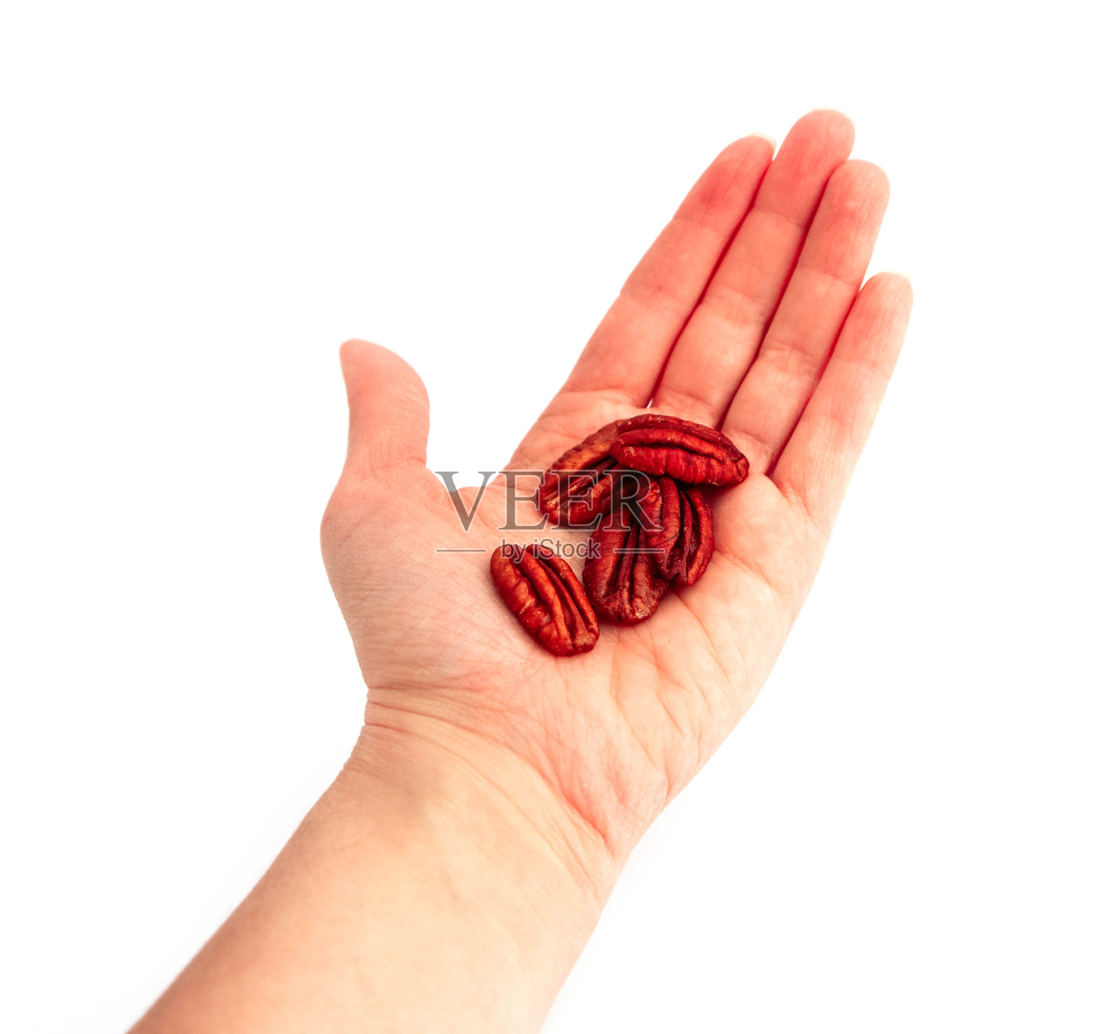 三个生山核桃,握在一个女性的手,孤立在白色的背景。照片摄影图片