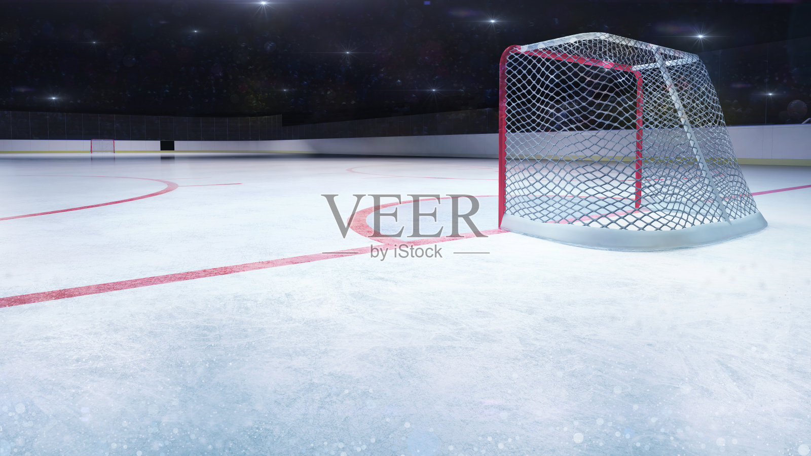 冰球场后面的球门和照相机闪光灯后面照片摄影图片