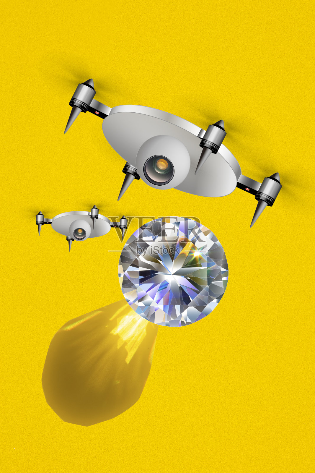 一架在空中飞行的无人机通过钻石接收激光束供电。照片摄影图片