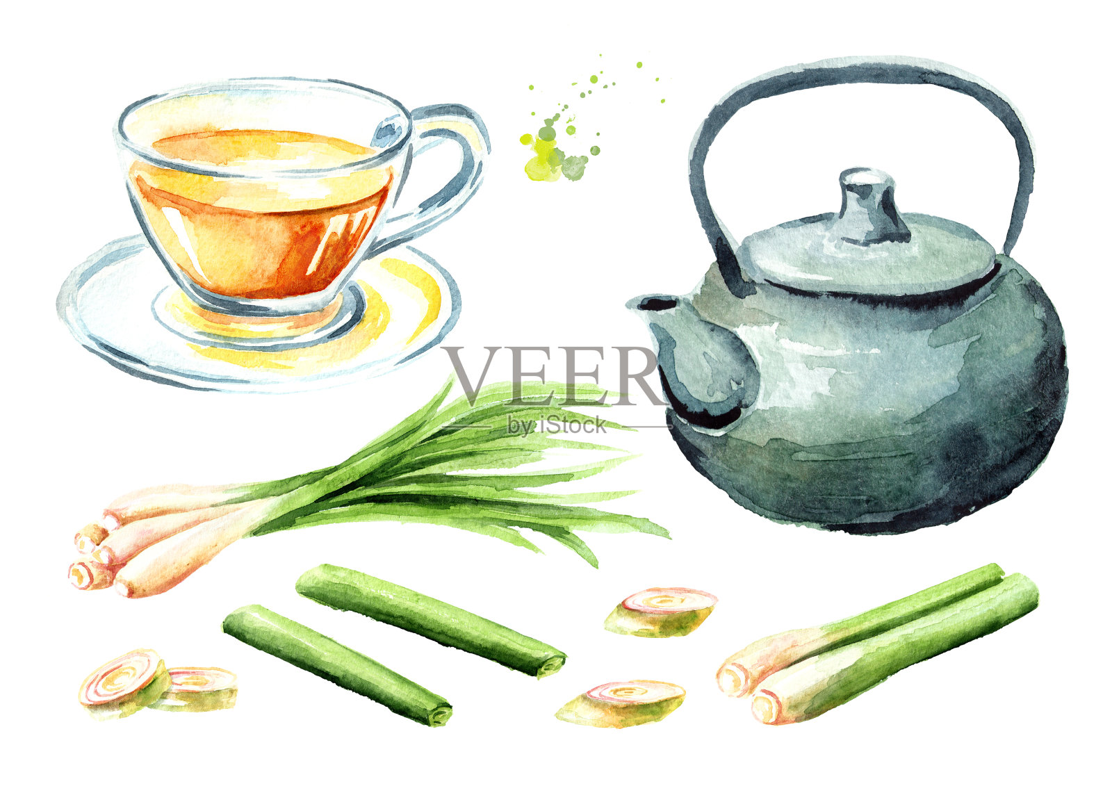 柠檬草草本茶。茶壶、玻璃杯、植物片。水彩手绘插图孤立的白色背景插画图片素材