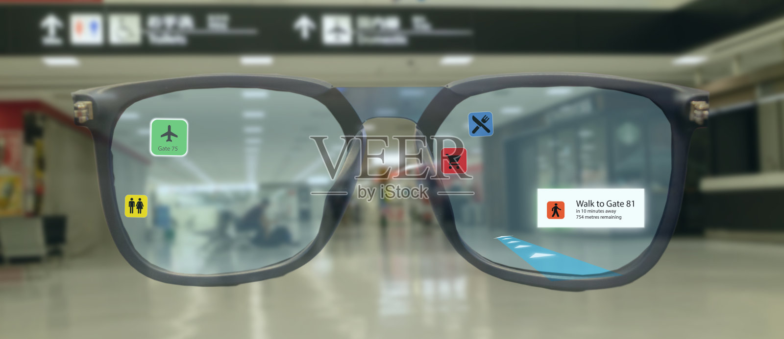 智能技术在工业移动4.0或5.0概念,用户使用智能眼镜增强混合虚拟现实技术在真实3d显示地图,商店,步行路径到机场登机口照片摄影图片