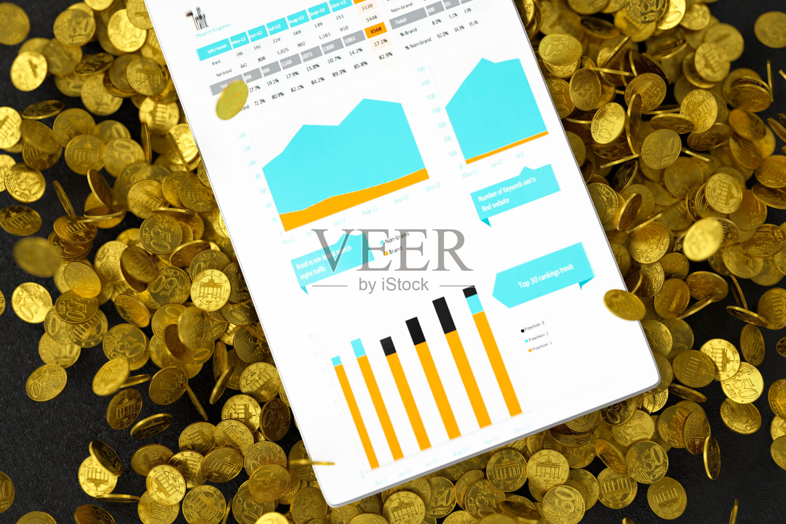 金币和报告在数字平板电脑,3d渲染照片摄影图片