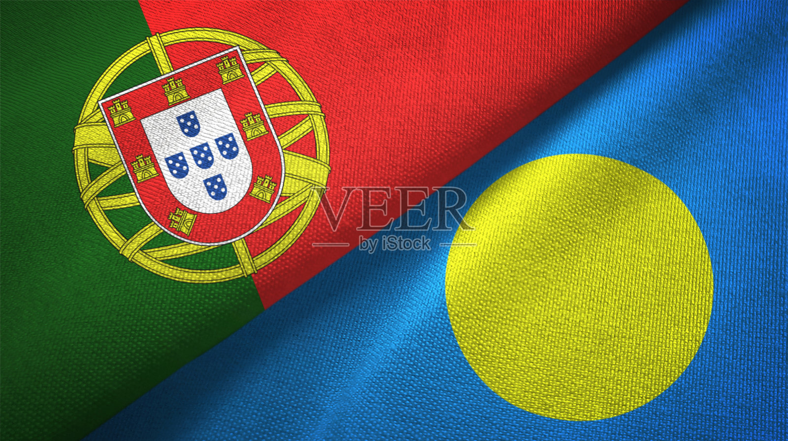 帕劳和葡萄牙两国国旗一起织布,织物质地照片摄影图片