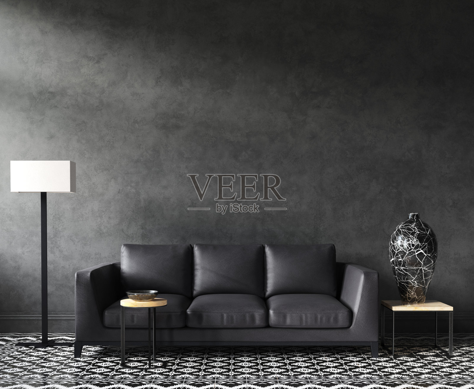 家庭室内模型与沙发和装饰,黑色时尚阁楼客厅照片摄影图片