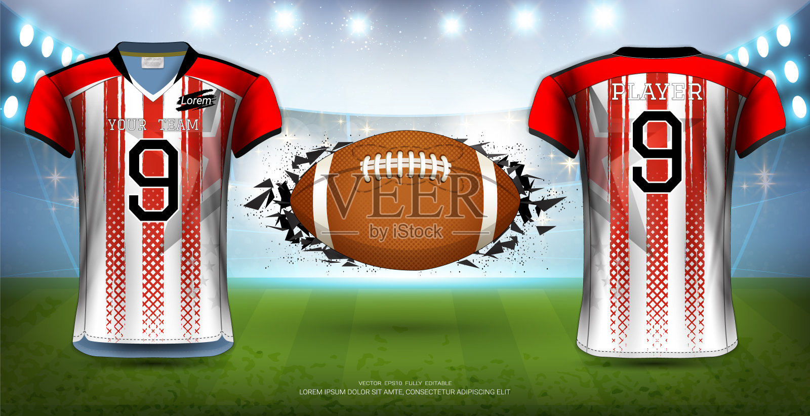 美式足球或足球球衣制服,逼真的图形设计前和后视图演示模型模板,容易应用您的艺术作品,文本,图像,标志。插画图片素材