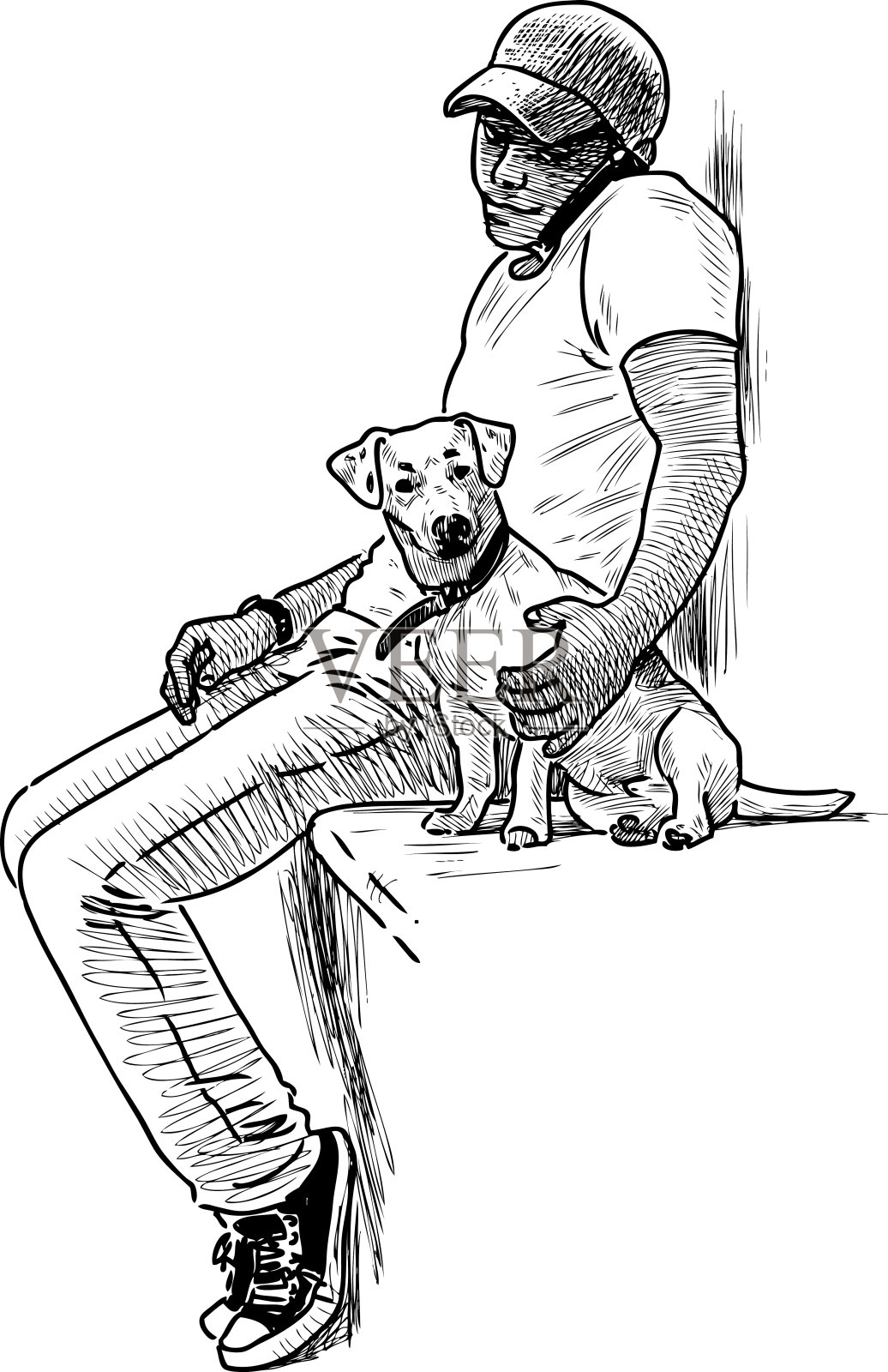 一个人和他的狗坐在一起讲手机插画图片素材