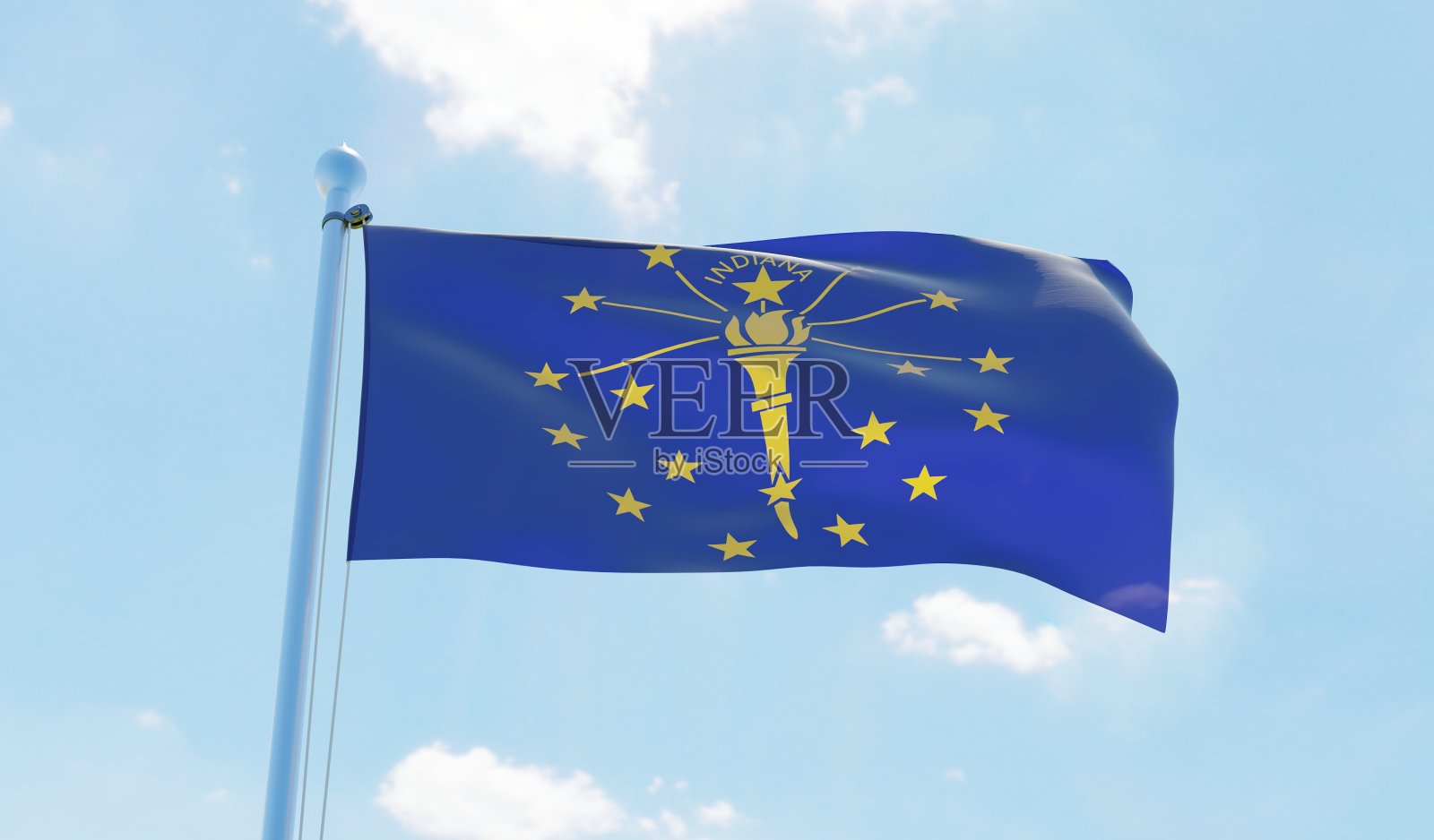 蓝色的天空中飘扬着美国印第安纳州的国旗照片摄影图片