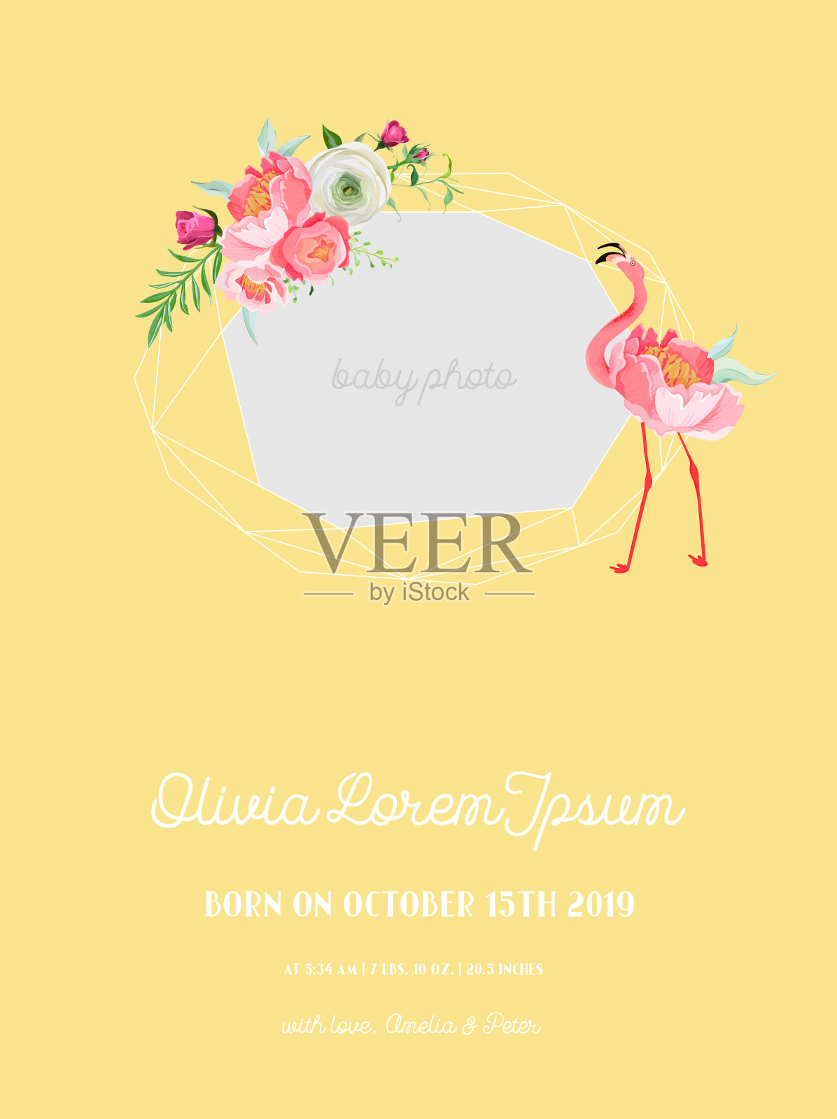 婴儿出生通告与美丽的火烈鸟插图和几何相框,问候或邀请卡,几何花卉框架矢量设计模板素材