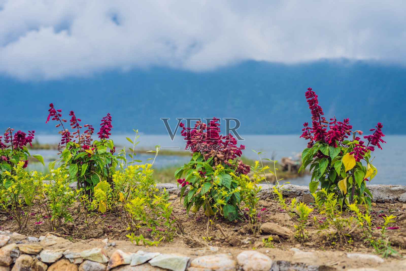 布拉坦湖和云雾缭绕的山脉令人惊叹照片摄影图片