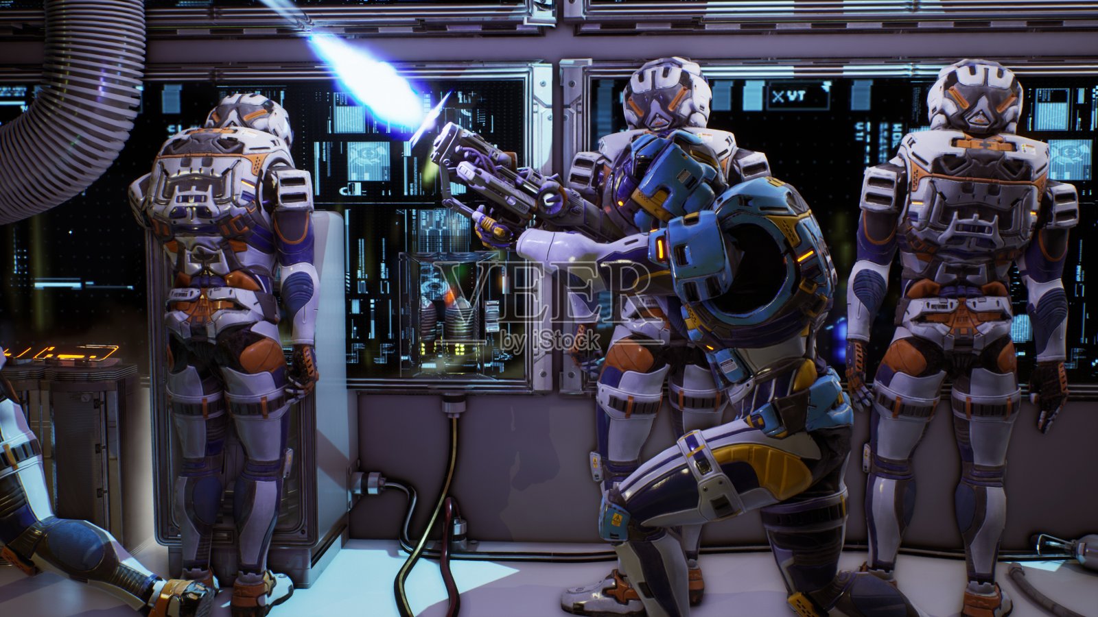 宇航员在飞船的仪表盘里,路过的士兵追着外星人跑。超级现实的概念。三维渲染照片摄影图片