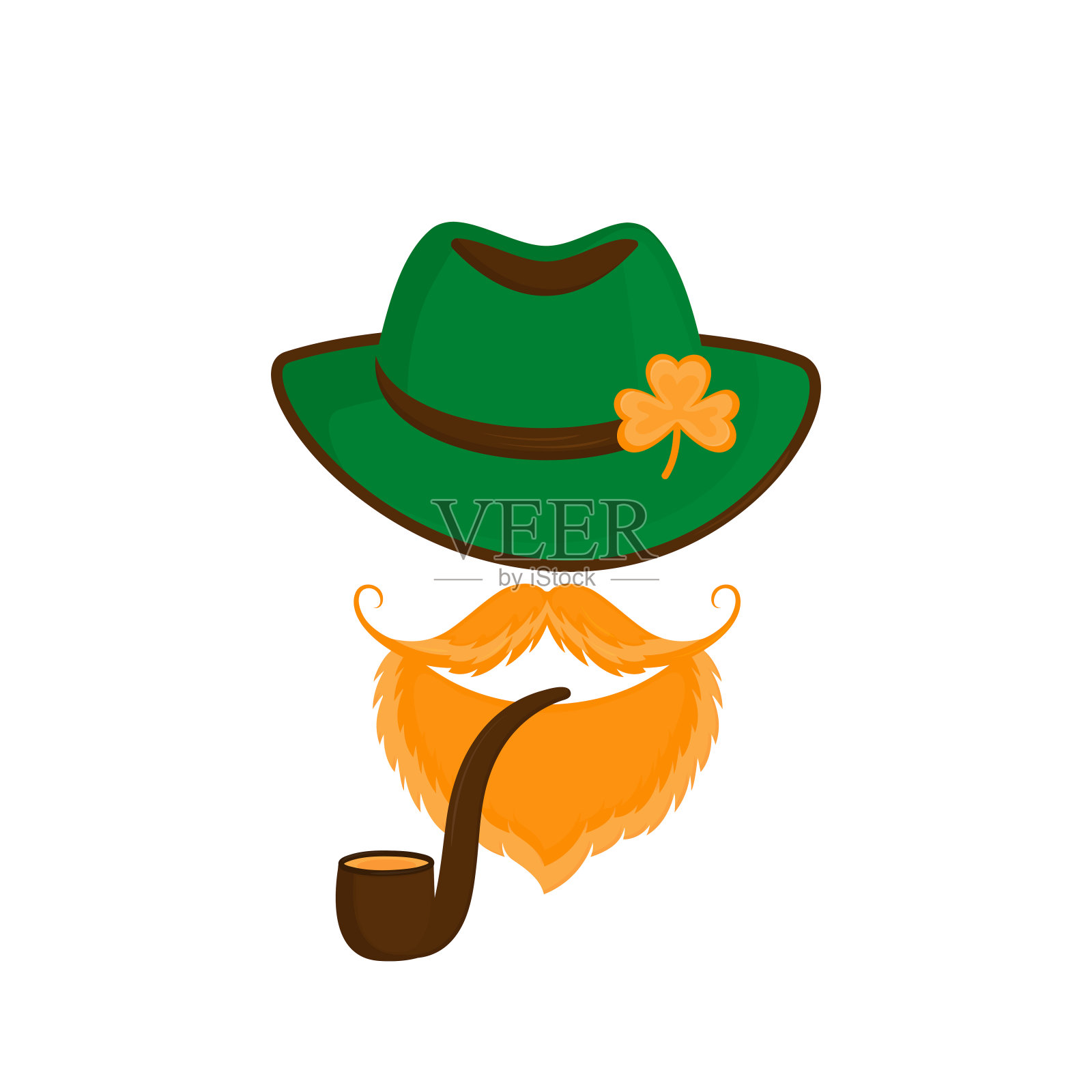 一个长着红胡子的小妖精,戴着一顶绿帽子,戴着一根三叶草,还拿着烟斗。圣帕特里克节快乐手绘字体。设计元素图片