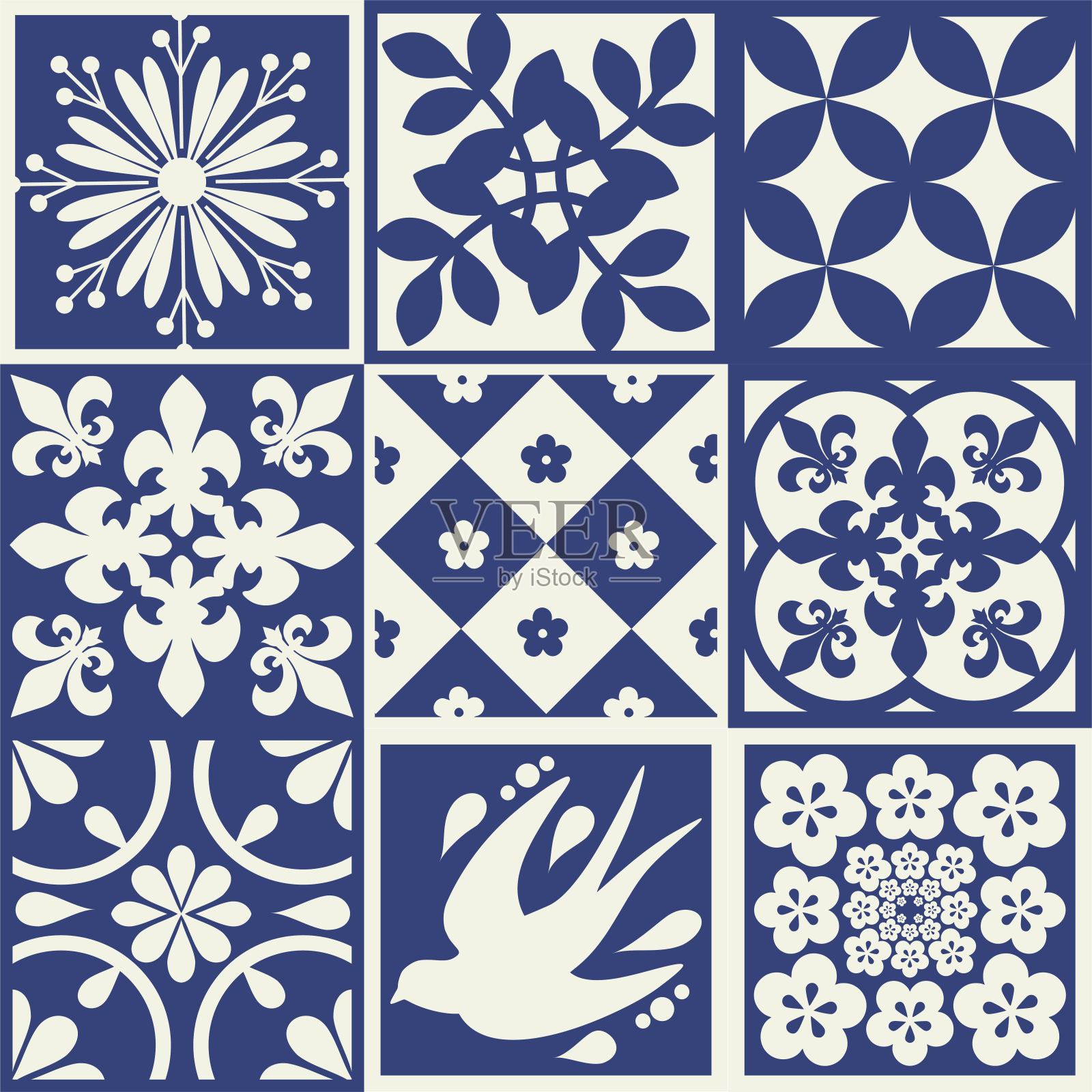 蓝色葡萄牙瓷砖图案-Azulejos矢量,时尚室内设计瓷砖插画图片素材