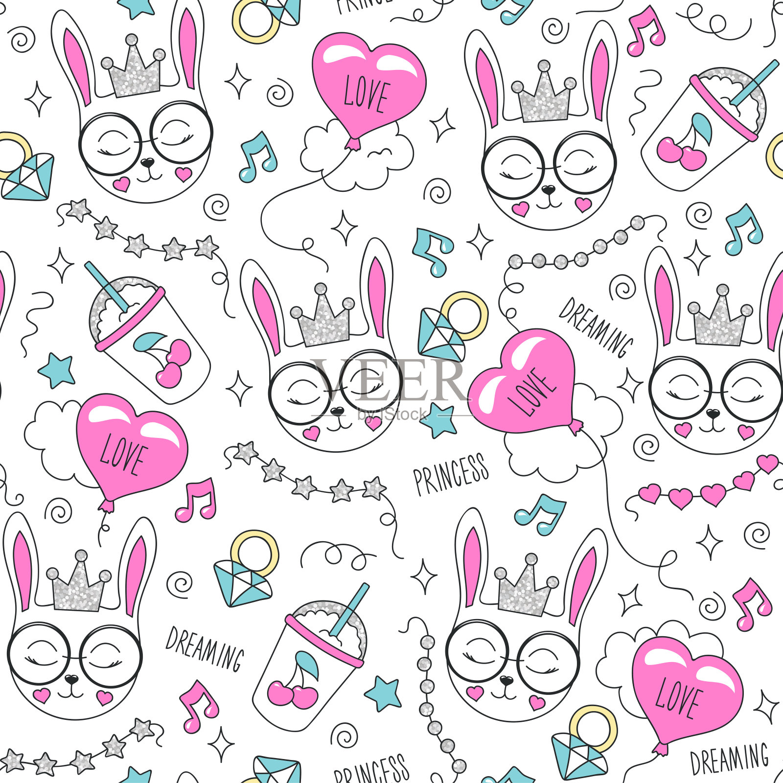 可爱的兔子图案在一个白色的背景。彩色时尚无缝图案。时装插画,现代风格的服装。为孩子们画衣服,t恤,织物或包装。插画图片素材