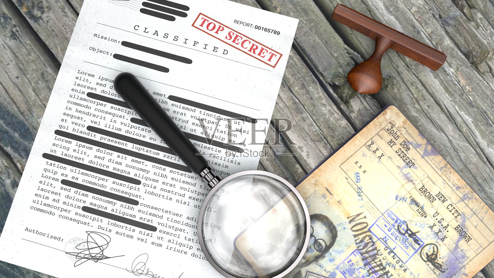 绝密文件,解密,机密信息,机密文本。橡皮图章和放大镜。护照,特工照片摄影图片