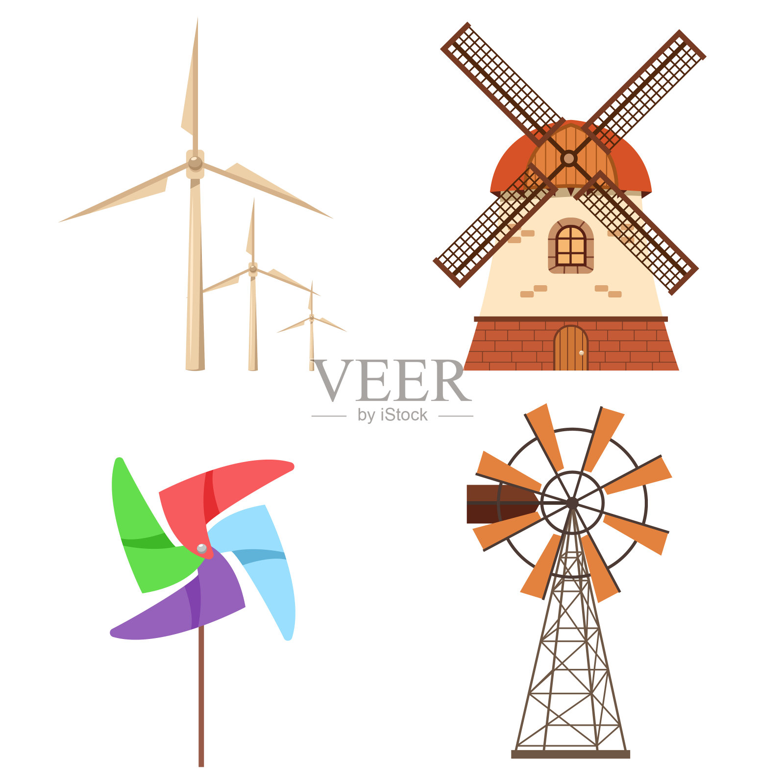 农场风车、电动风力涡轮机、纸风车矢量集。替代生态能源平面卡通图标收集孤立的白色背景。设计元素图片