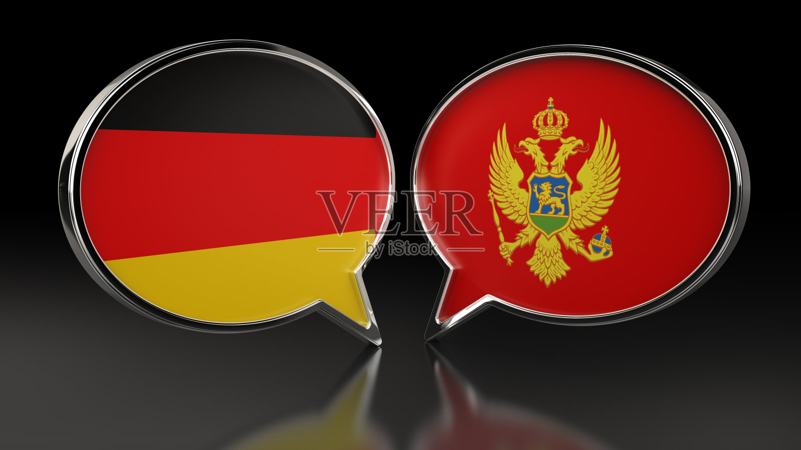 带有语音泡泡的德国和黑山国旗。3D插图照片摄影图片