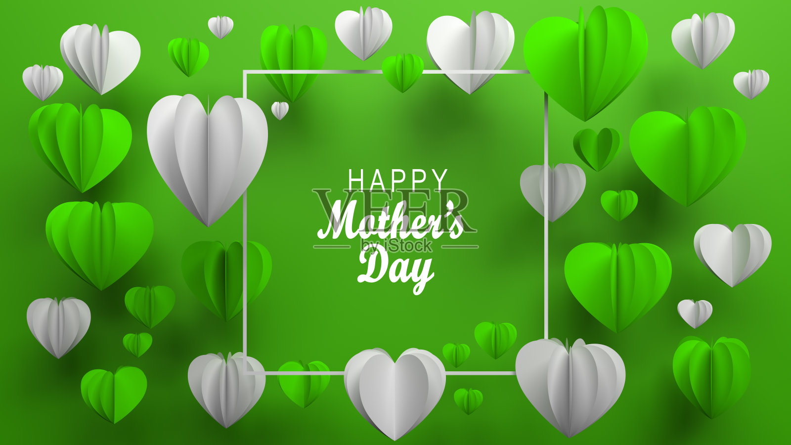 快乐的母亲节框架与折纸心在绿色的背景照片摄影图片