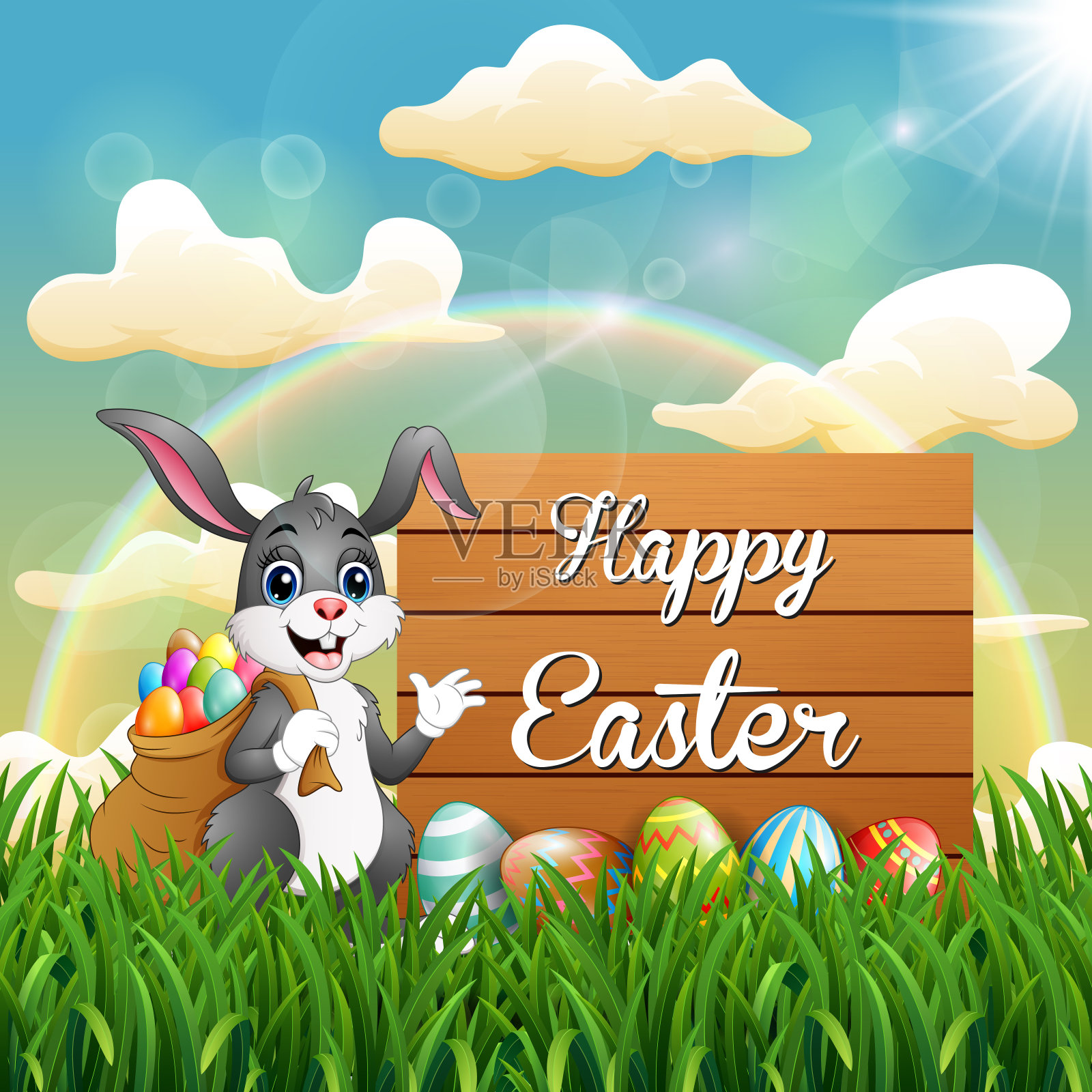 卡通复活节兔子与一袋复活节彩蛋旁边的一个木制标志插画图片素材