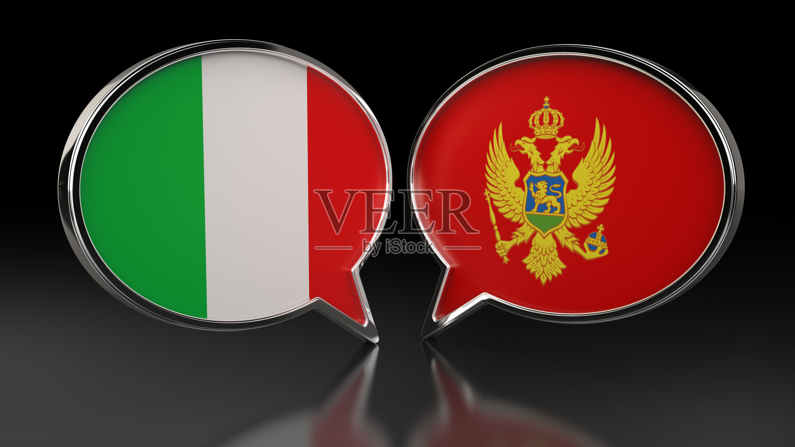 意大利和黑山国旗与语音气泡。3D插图照片摄影图片
