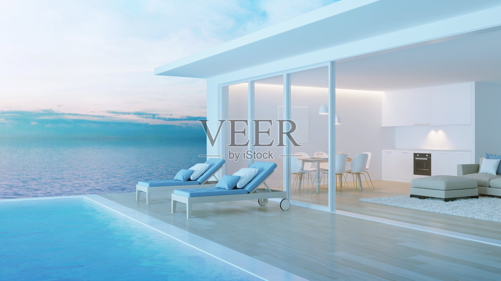 带游泳池的别墅内部。房子俯瞰大海。的夜晚。晚上照明。3 d渲染。照片摄影图片