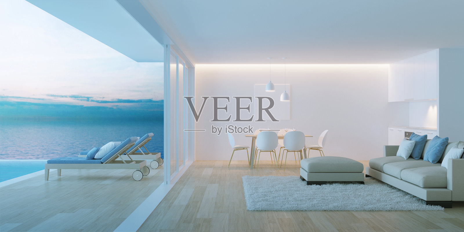 带游泳池的别墅内部。房子俯瞰大海。的夜晚。晚上照明。3 d渲染。照片摄影图片