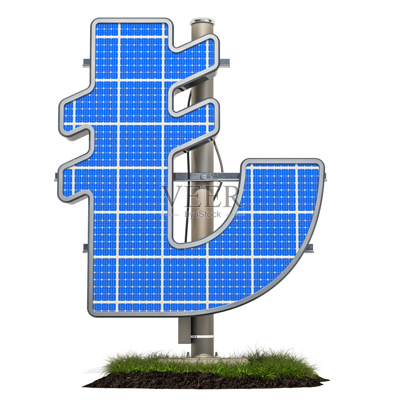 太阳能电池板的形状里拉符号,3D渲染孤立在白色背景照片摄影图片