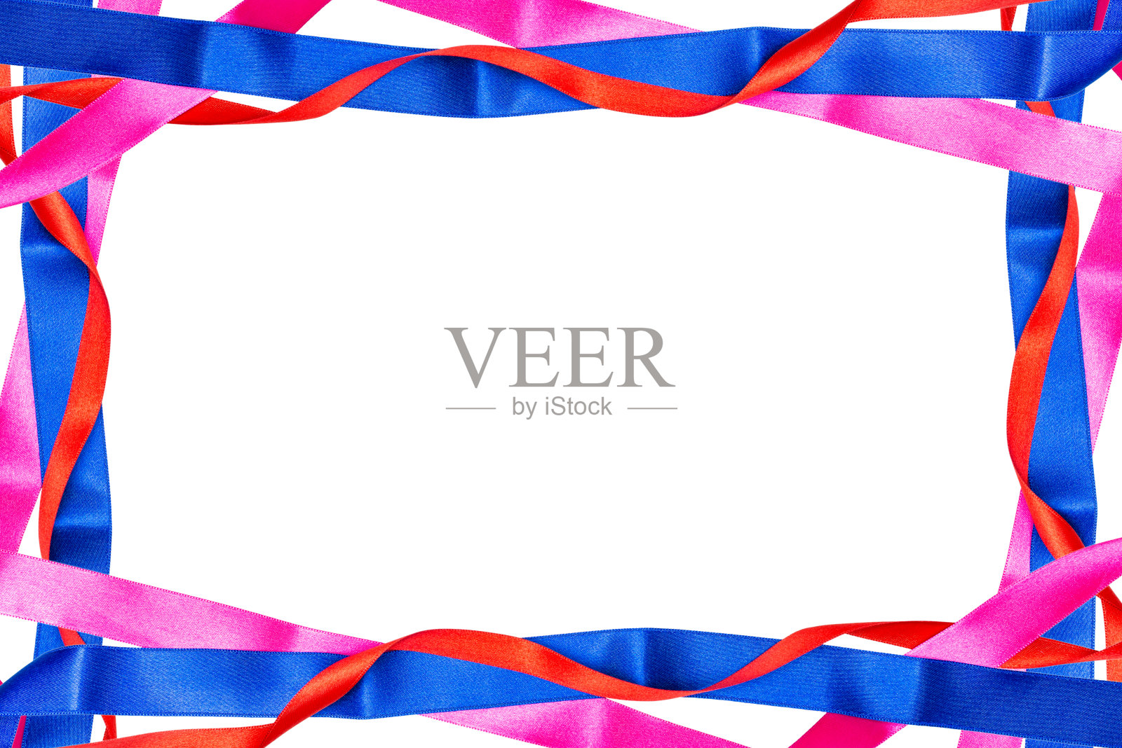 框架由红色,粉色和蓝色缎带孤立在白色背景和中间的剪切路径和复制空间。照片摄影图片