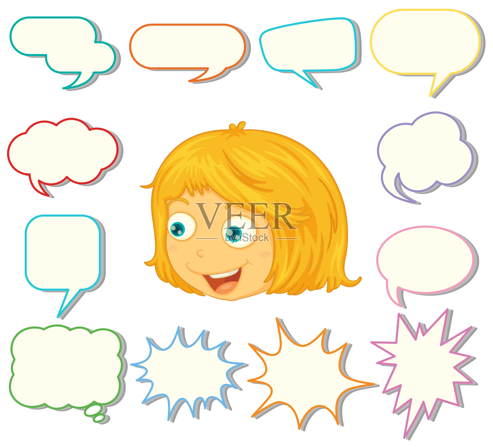 一个有不同语言气球的女孩插画图片素材