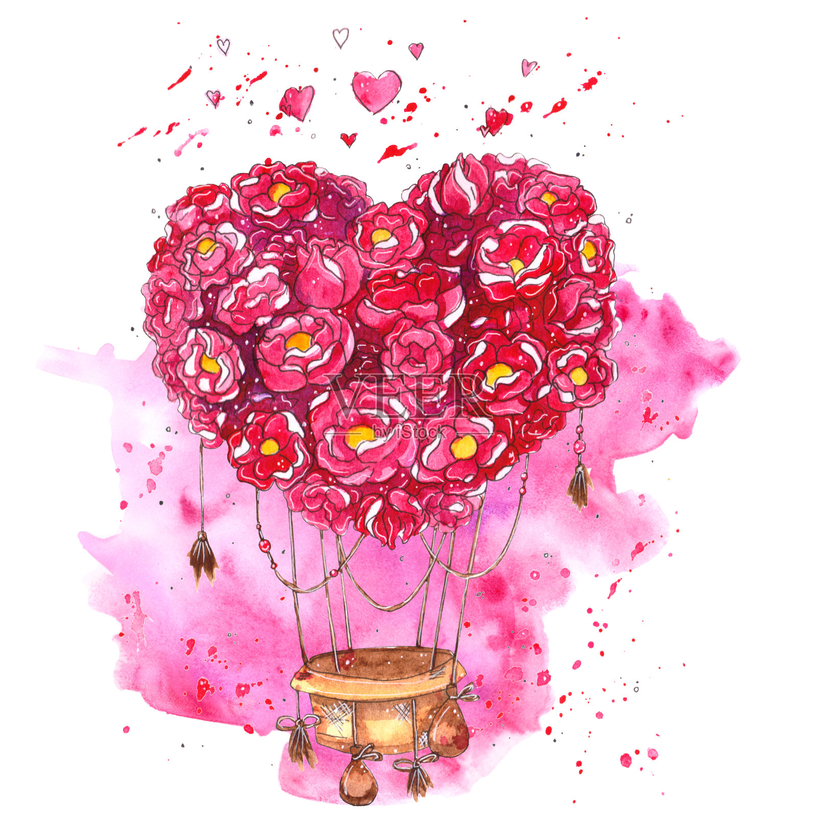 水彩画的热气球与心的花。插画图片素材