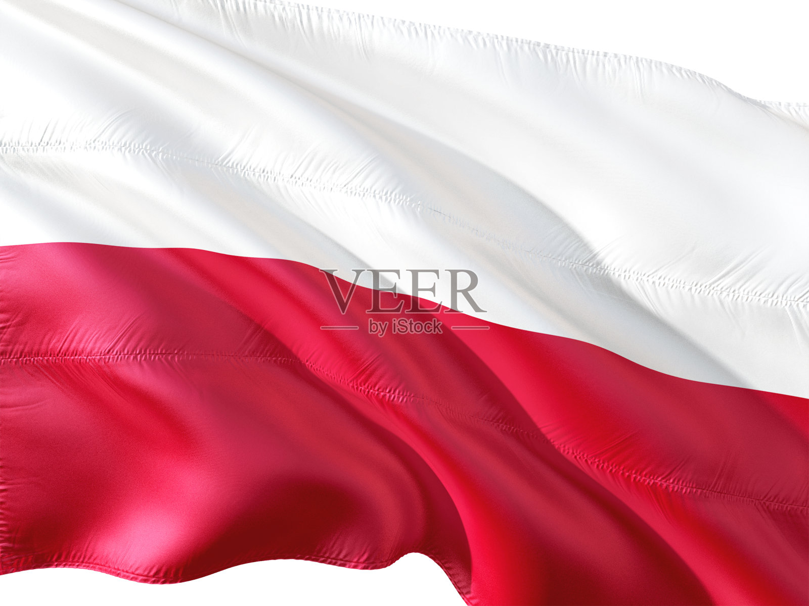 波兰国旗在风中飘扬,孤立的白色背景。照片摄影图片