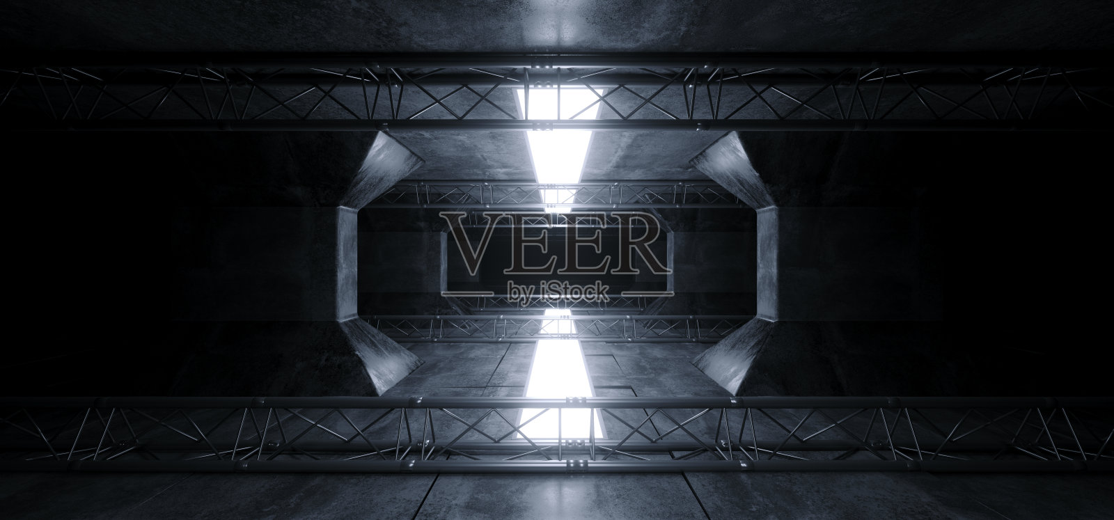 外星人科幻Led白色发光暗光线在未来的现代建设阶段隧道垃圾混凝土反射背景3D渲染照片摄影图片