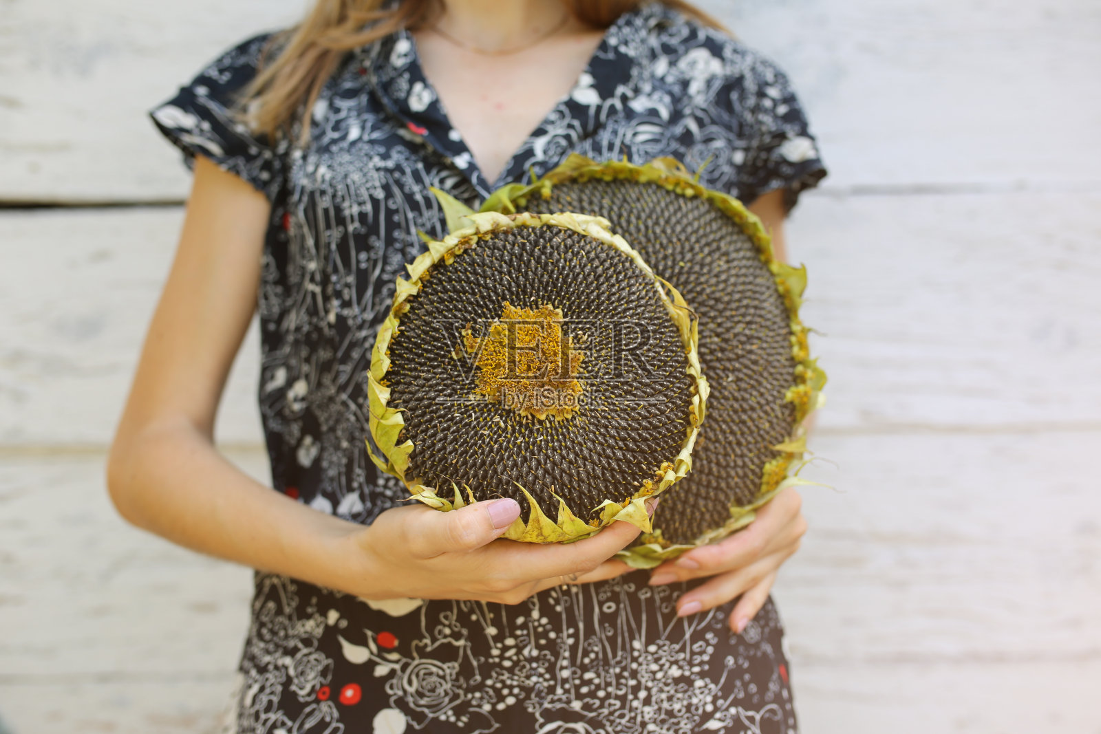 一个带着向日葵的时髦女孩站在木墙旁边。时尚独特的照片。黑衣女子在村子的木墙附近。复古乡村的概念。照片摄影图片