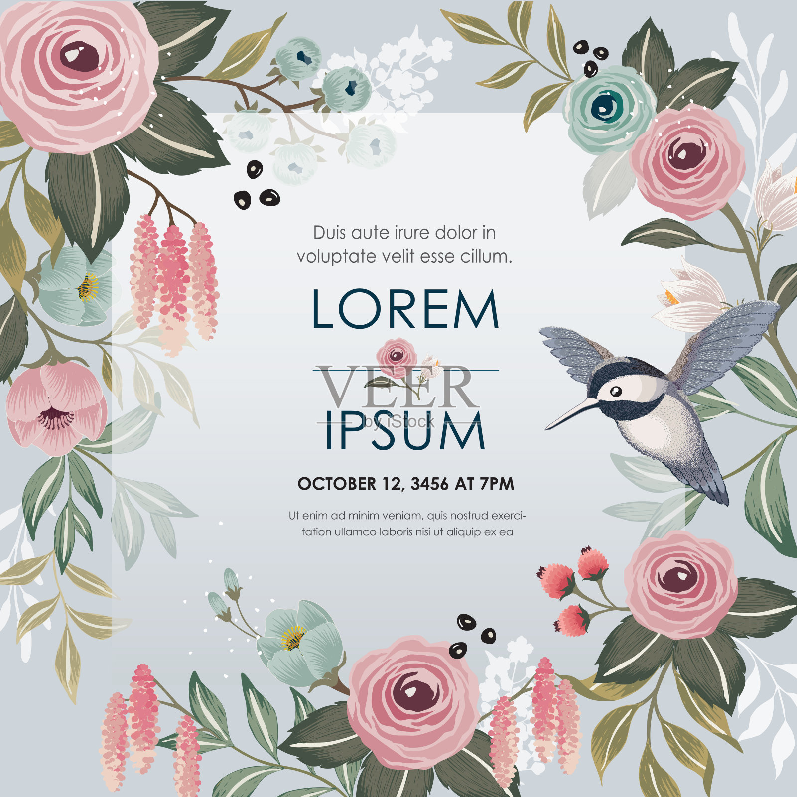 矢量插图一个美丽的花卉框架与一只可爱的鸟在春天。插画图片素材