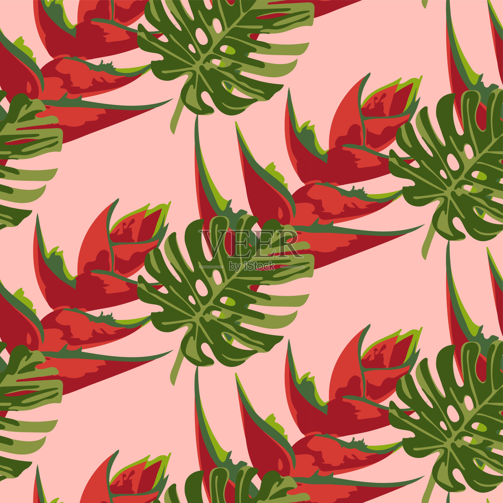 矢量热带花卉和叶子图案。异域无缝花纹装饰。矢量模式。插画图片素材