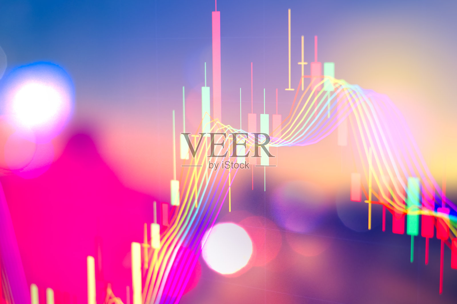 在抽象模糊图片上显示交易图,业务图和投资期货市场的交易监测,应用程序界面是交易股票,货币。股票经纪人的工具。照片摄影图片