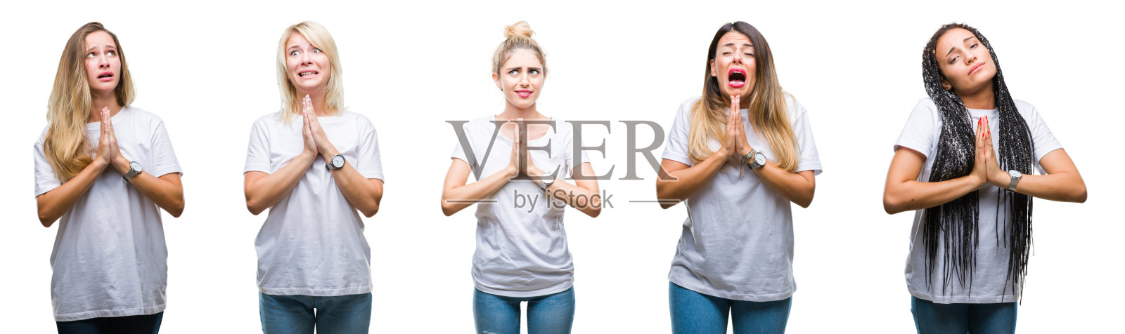 一群穿着休闲白色t恤的美丽女子拼贴在孤立的背景上,双手一起乞讨和祈祷,脸上充满希望的表情,非常情绪化和担心。请求宽恕。宗教的概念。照片摄影图片