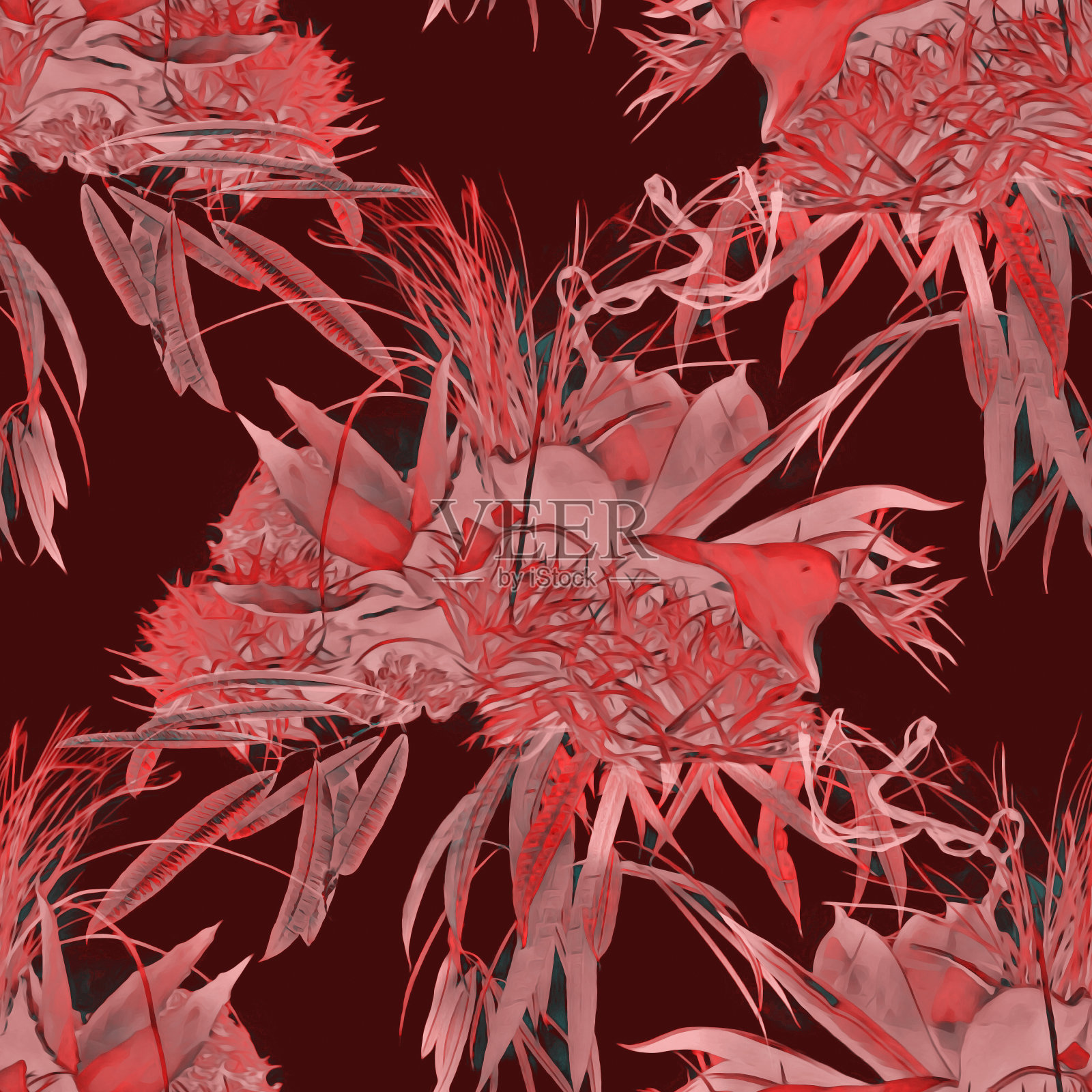 热带植物无缝图案,水彩插画。插画图片素材