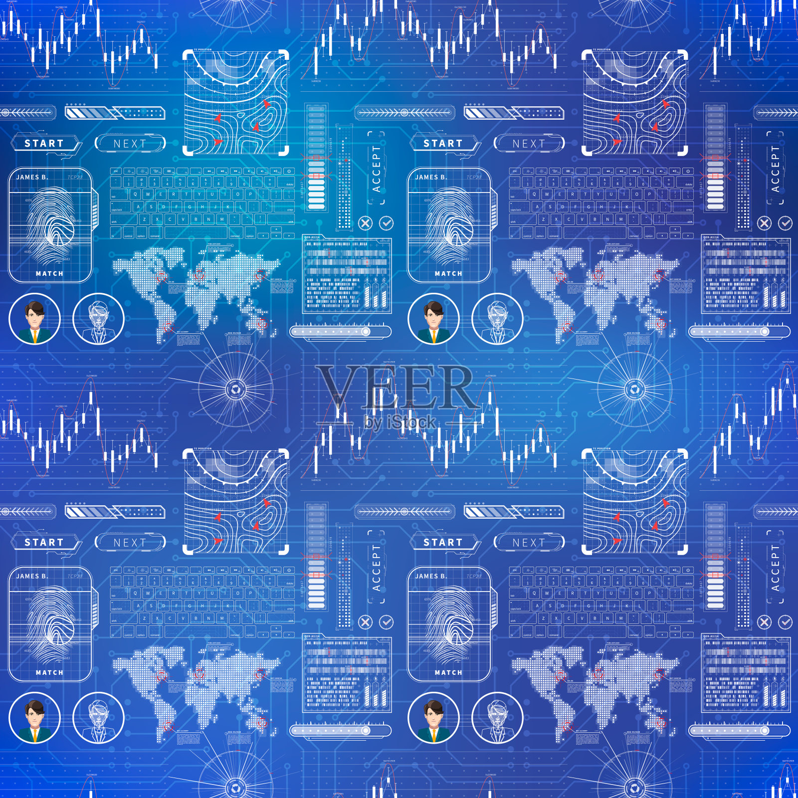 未来的用户界面元素和图表概念,复杂的无缝模式上的蓝色插画图片素材