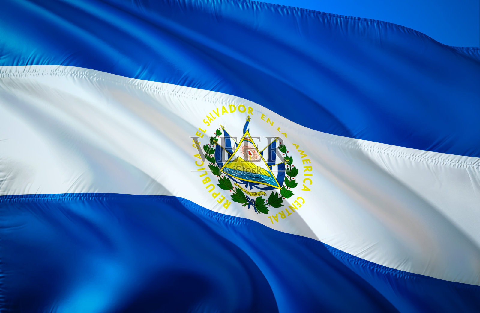 萨尔瓦多国旗。3D飘扬的旗帜设计。萨尔瓦多的国家象征,3D渲染。国家象征萨尔瓦多的背景墙纸。南美旗3D彩带,壁纸,图案背景照片摄影图片