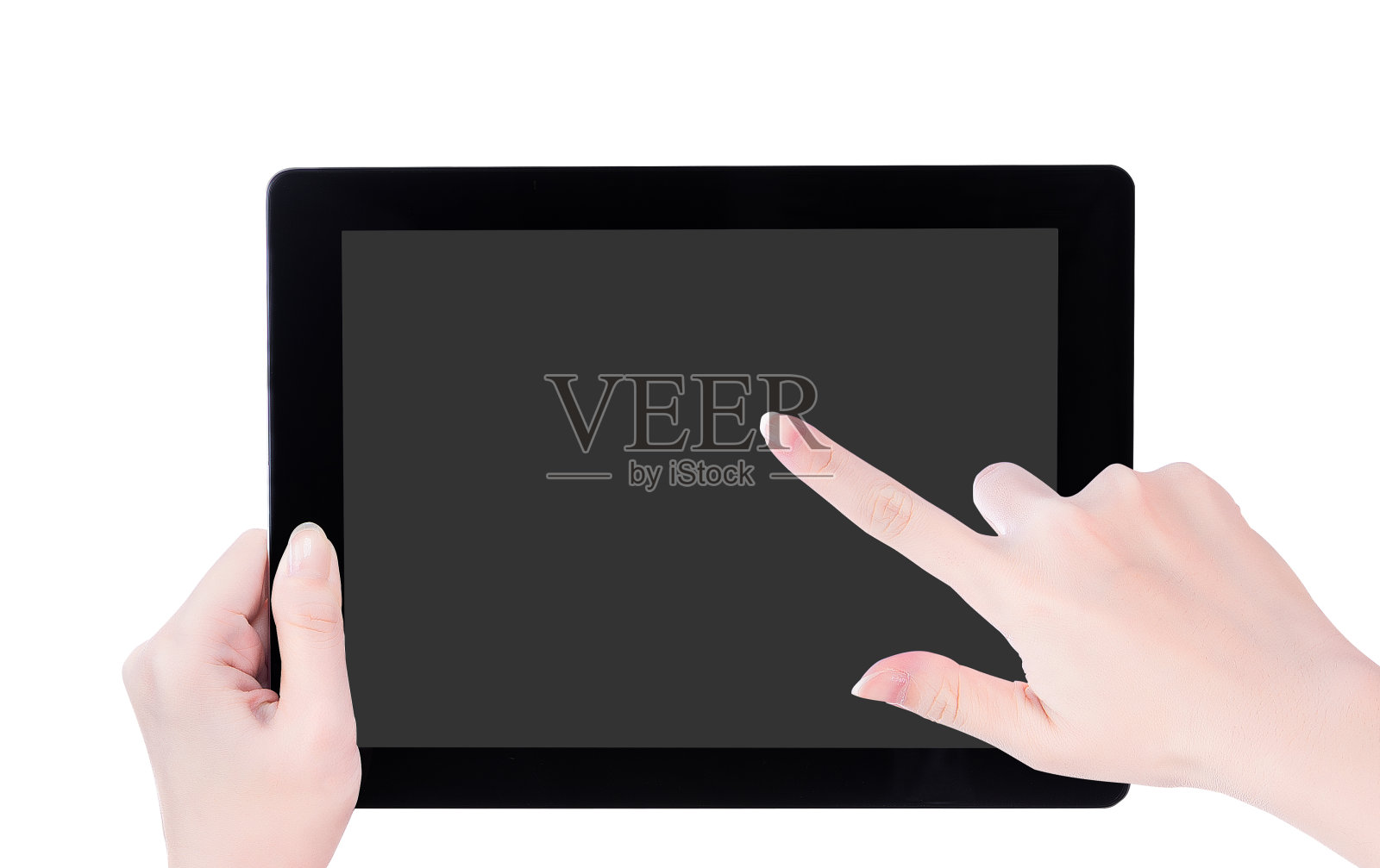 年轻美丽的女孩拿着一个黑色平板电脑模板与灰色屏幕隔离在白色的背景,近,模拟,剪辑路径,剪出照片摄影图片