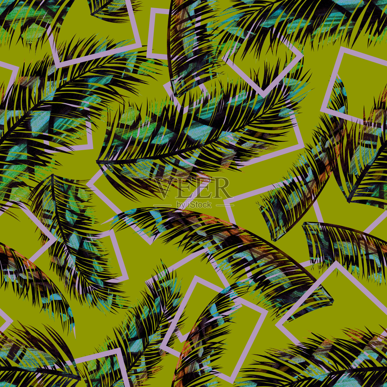 热带树叶的纹理和灰色几何图形上的绿色插画图片素材