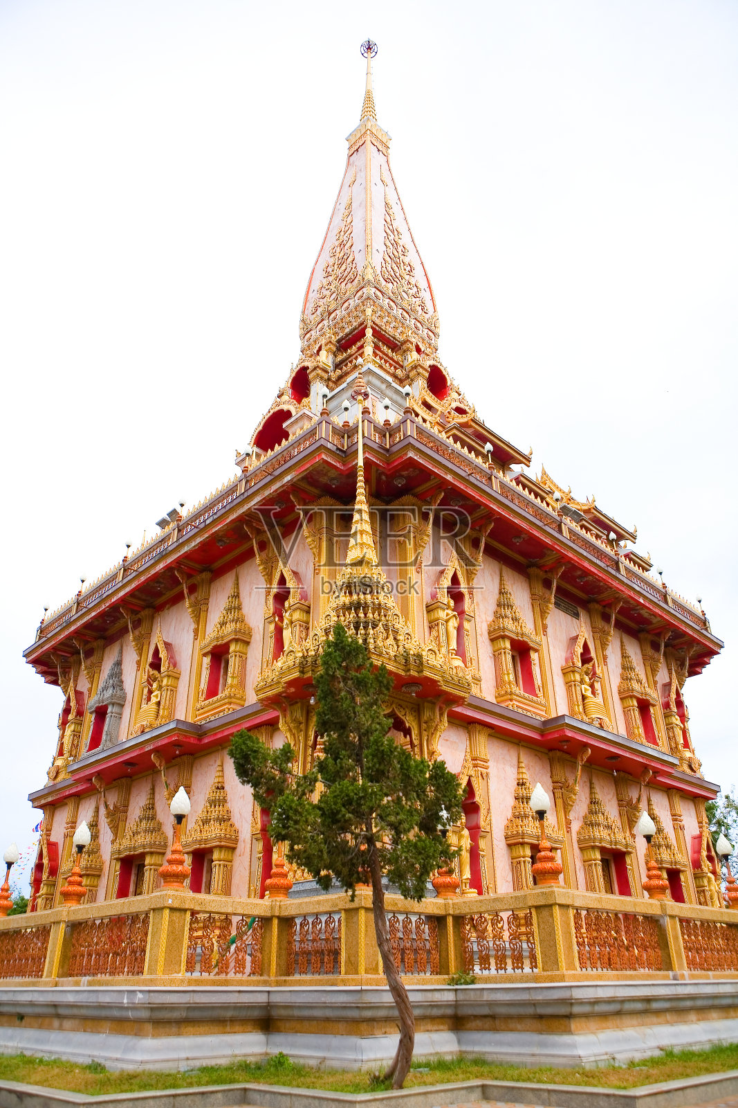 一棵美丽的树生长在佛教查龙寺的背景下。照片摄影图片