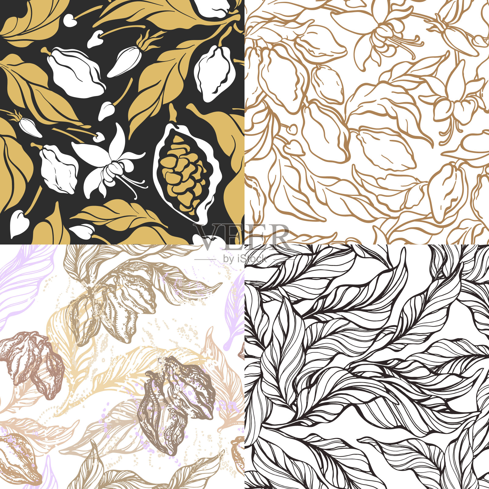 矢量无缝模式的可可树,豆枝插画图片素材