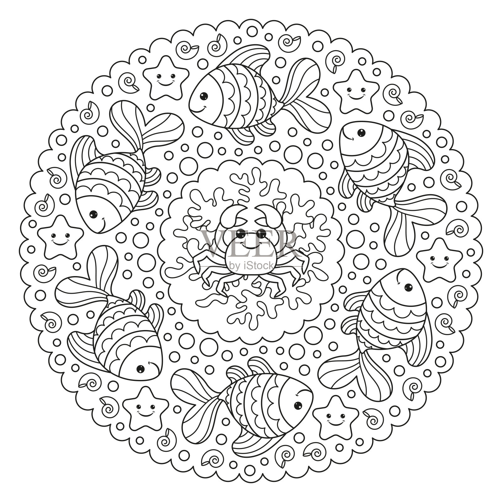 用螃蟹和鱼给书页曼荼罗上色。矢量插图。插画图片素材