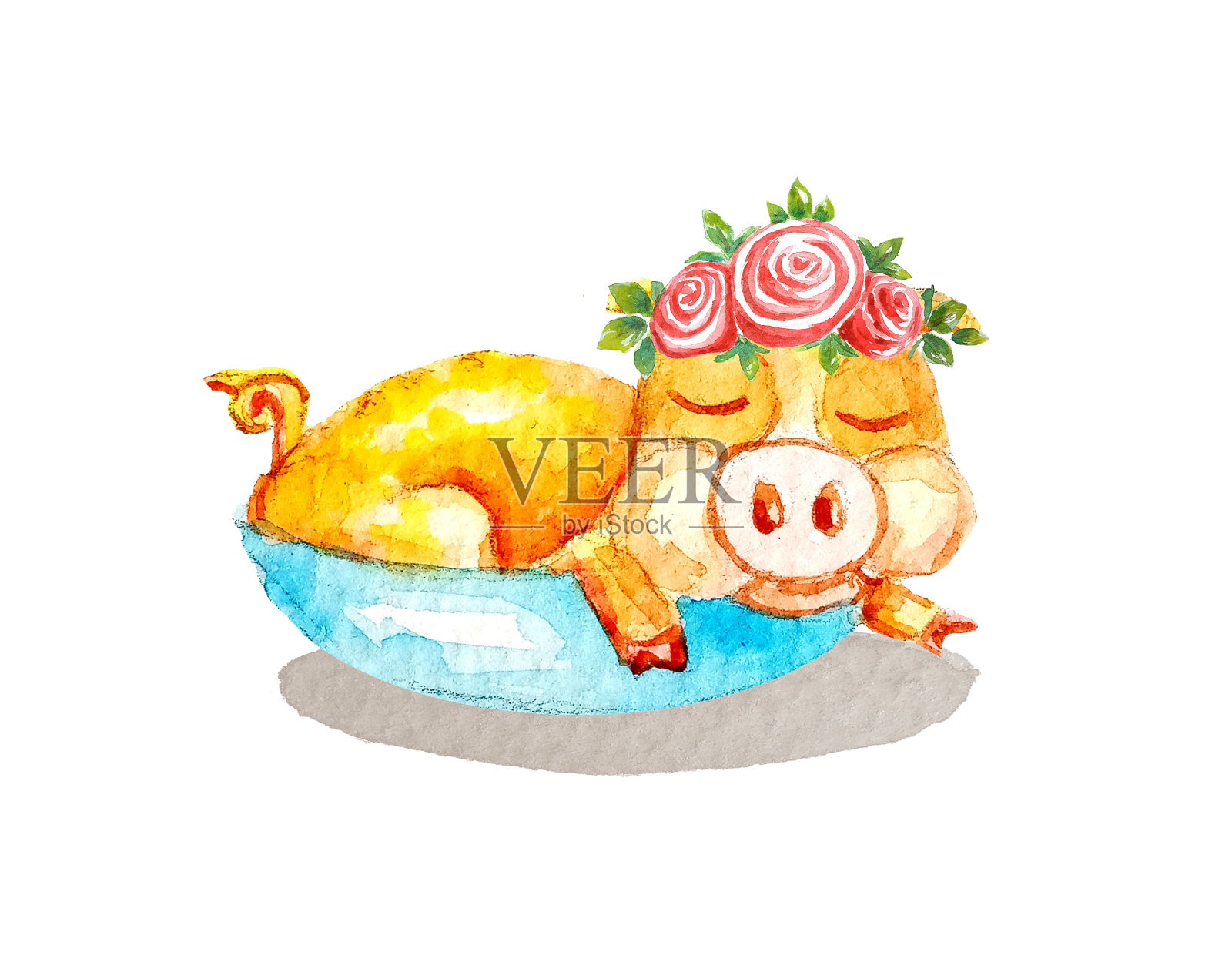 头戴玫瑰花蕾花环的水彩画黄色小猪睡在白色背景的蓝篮子里。孤立的插画图片素材