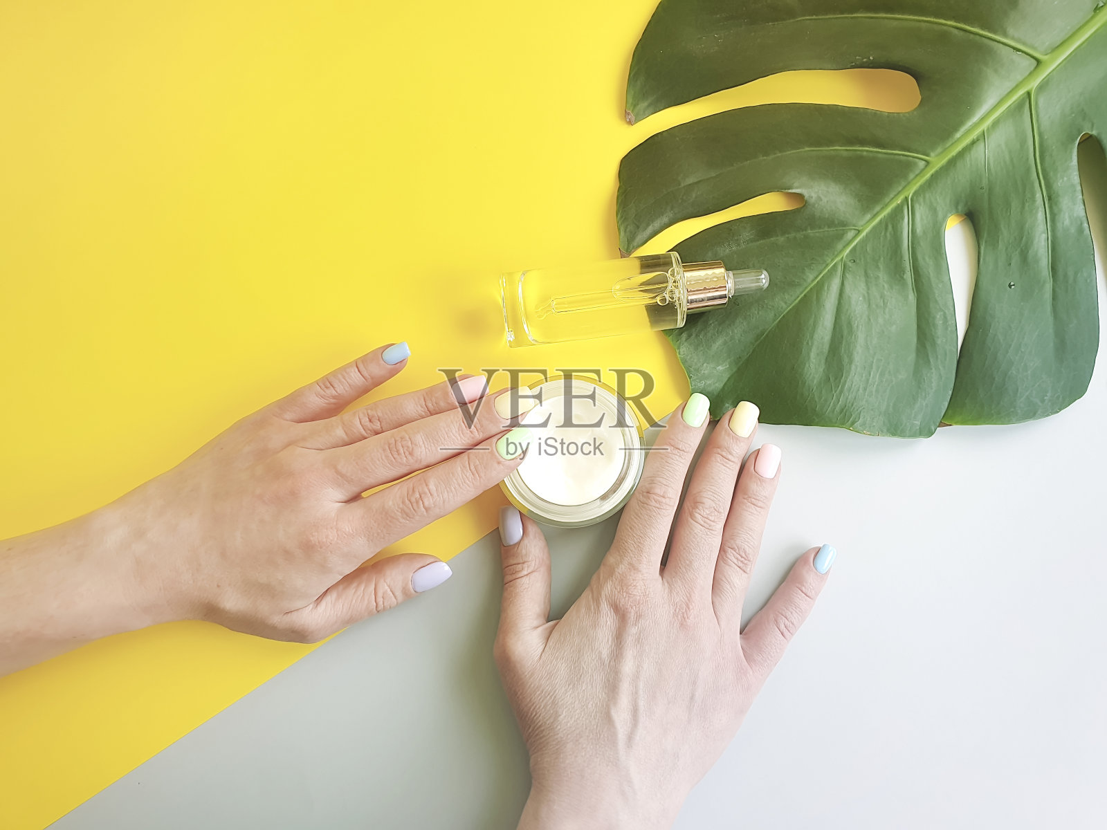 女性手指甲,化妆品霜,怪物叶上的彩色背景照片摄影图片
